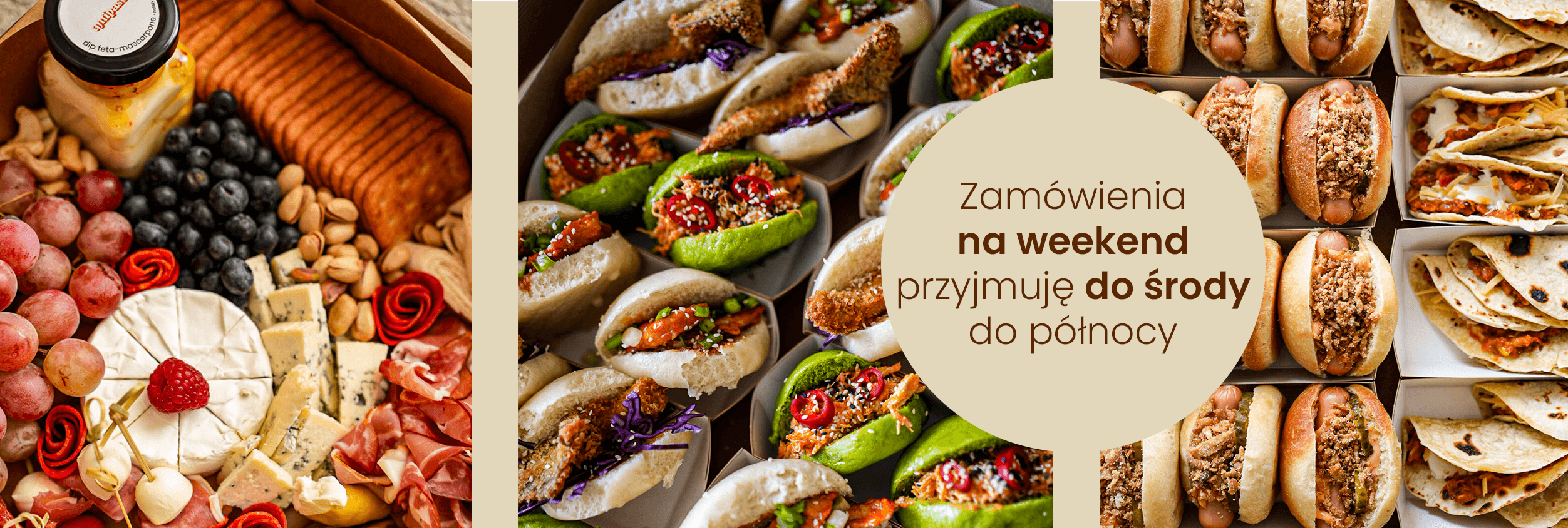 Przekąski Antipasti — bułeczki bao, mini hot-dogi i tacos na tacach gotowych do podania